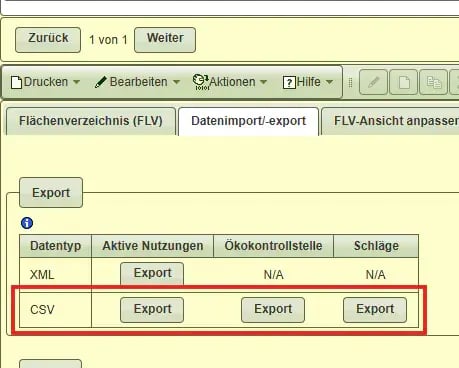 Flächenverzeichnis Datenexport CSV FIONA