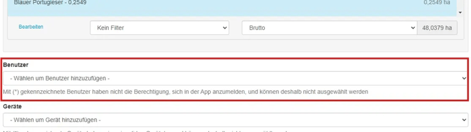 Vineyard Cloud - Aufgabe - Detailansicht - Zuweisung Benutzer Liste