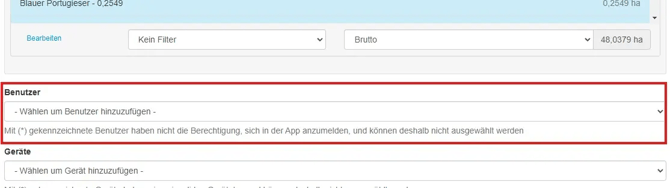 Vineyard Cloud - Aufgabe - Detailansicht - Zuweisung Benutzer Liste