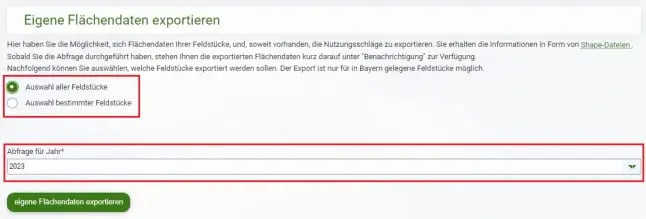 iBALIS Selektion der zu exportierenden Feldstücke